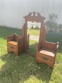 Antique Vanity Mirror Chest with Drawers Wooden Table Topper Desk Top