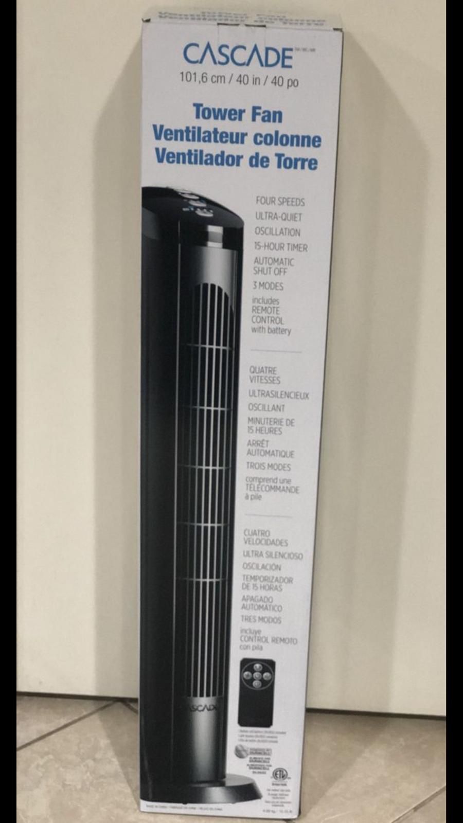 Cascade 40" 4-Speed and 3 Unique Wind Modes Oscillating Tower Fan with Remote Control, Ultra-quiet Cooling Solution for your Home or Office