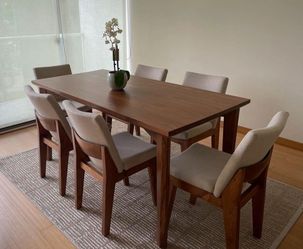 Walnut Dining Table - 6 Upholstered Chairs with Grey Fabric - No Credit Needed - Same Day Availability