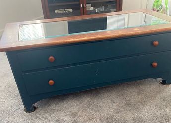 Teal Wood Coffee Table with beveled Glass Top and Drawers