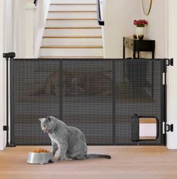Sair Pet Reinforced Retractable Baby Gate With Cat Door - 60" Wide, Black