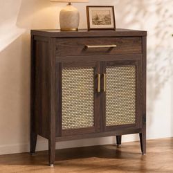 2285b $70  SICOTAS 30" Sideboard Buffet Cabinet with Adjustable Shelf, Espresso Walnut Mid-Century Modern, Gold Mesh Soft-Close Doors, Spacious Drawer