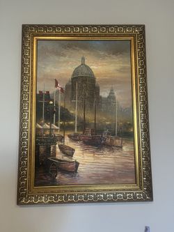 Beautiful Montreal Harbor Oil Painting with Ornate Gold Frame