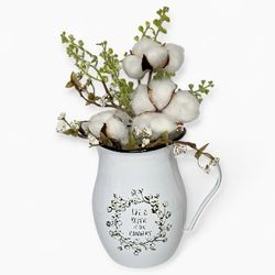 Life Is Better In The Country Farmhouse Decor Enamel Metal White Pitcher Vase