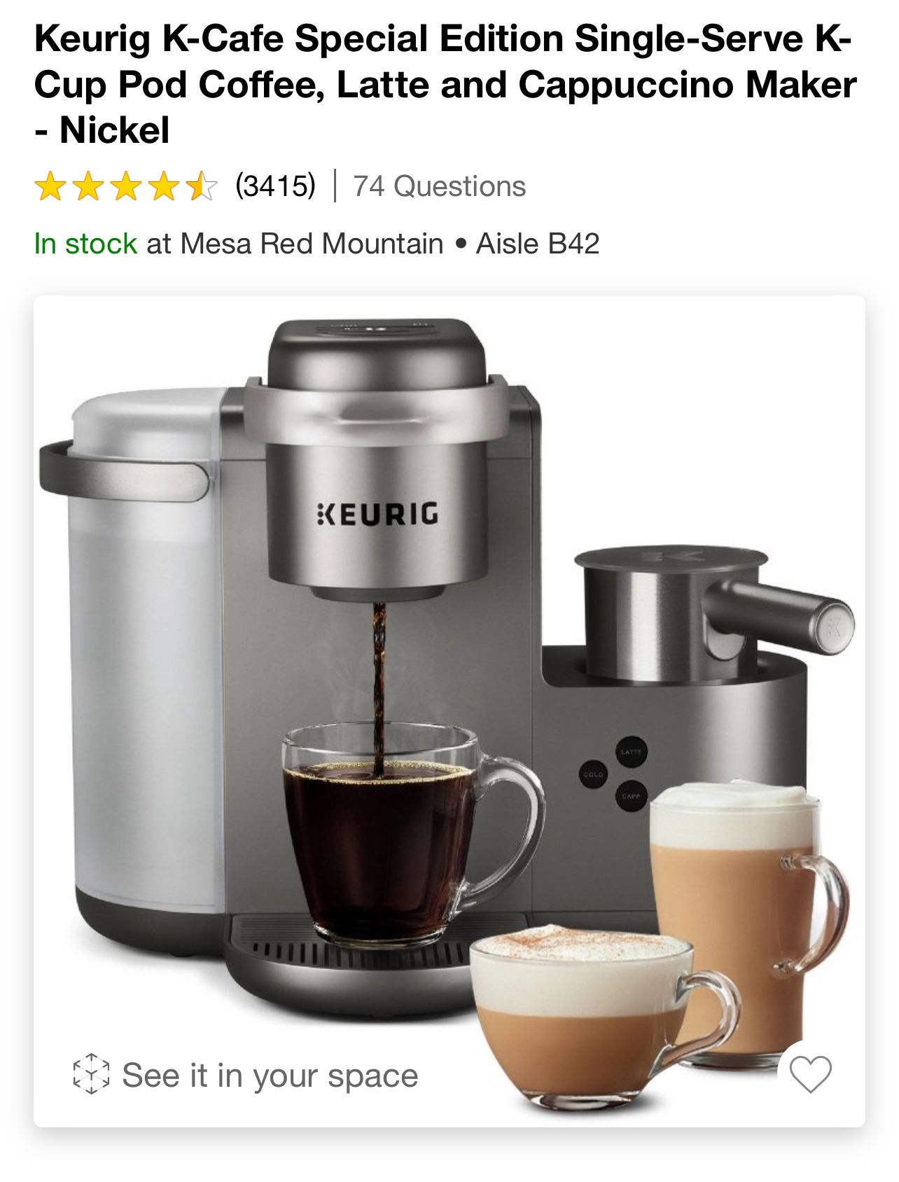Keurig K-Cafe Special Edition Single-Serve K-Cup Pod Coffee, Latte and Cappuccino Maker - Nickel