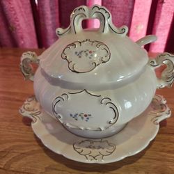 Vintage Ceramic Soup Tureen Set With Ladle And Underplate