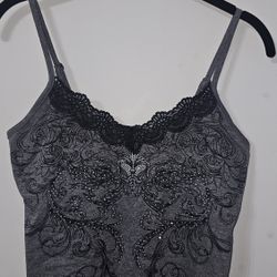 Grey Lace Tank Top cami With Rhinestones Size Medium