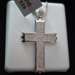 New .925 Cross Pendant W/ 1ctw Of Natural Diamomds And 18" .925 Chain