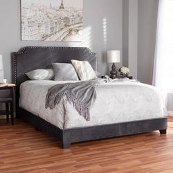 Velvet Nailhead Upholstered Queen Bed in Grey(New In A Box)