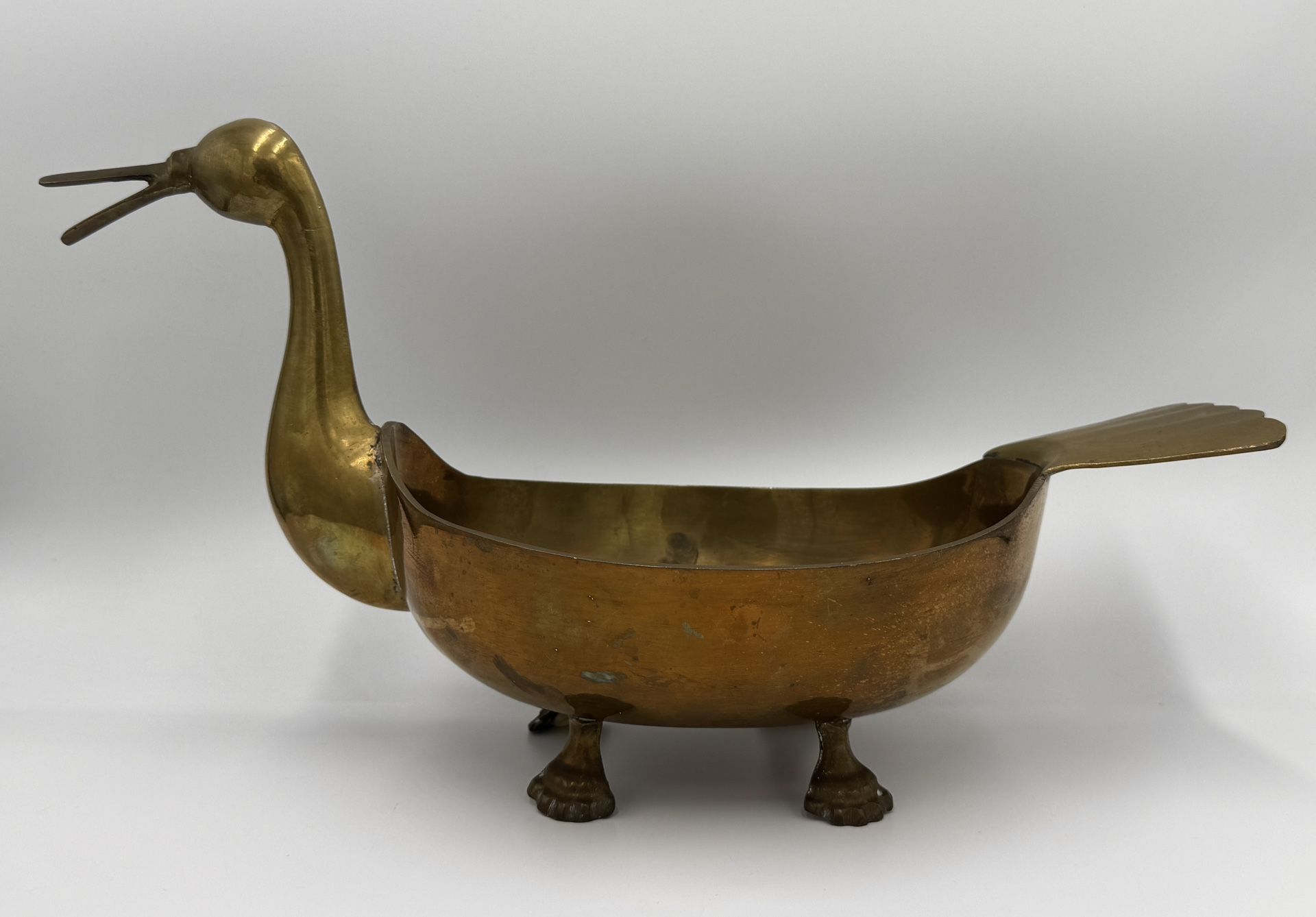 Vintage Mid Century Modern Footed Brass Duck Compote Bowl