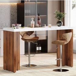 55.12-Inch Bar Table, Modern Counter Height Pub Table with a Faux Marble Tabletop, Rectangular Home Coffee Bar Unit for Kitchen, Dining Room, Living R
