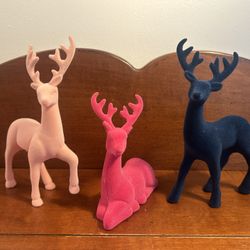 Set of 3 Small Felt Pink & Blue Deer Decorations - about 4” long x 4-5.5” tall