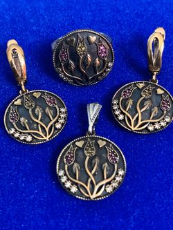 Antique Greek Roman Byzantine Style Medallion Set: Pendant Earrings Ring Size 7