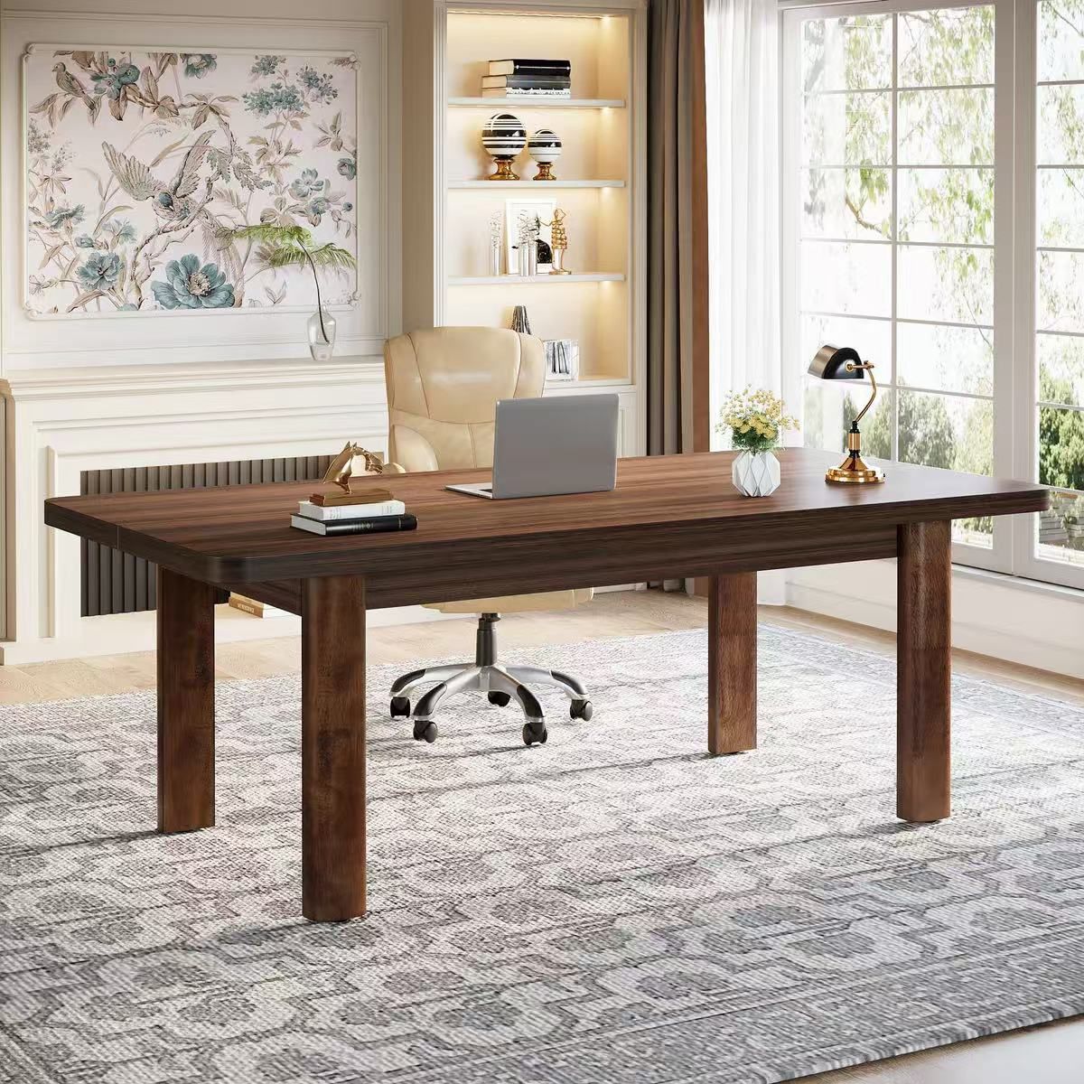 63-Inch Executive Desk, Large Office Computer Desk with Solid Wood Legs