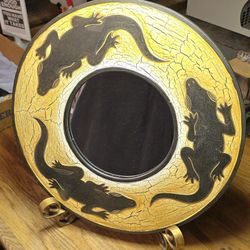 Vintage Wooden Round Mirror With Lizards Geckos