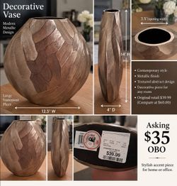 Large Modern Metallic Decorative Vase – $35 OBO