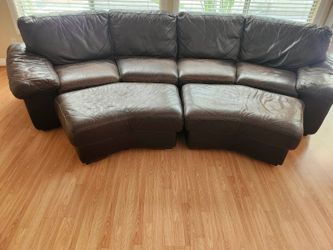 Dark Brown Leather Curved Sectional Sofa with Ottomans