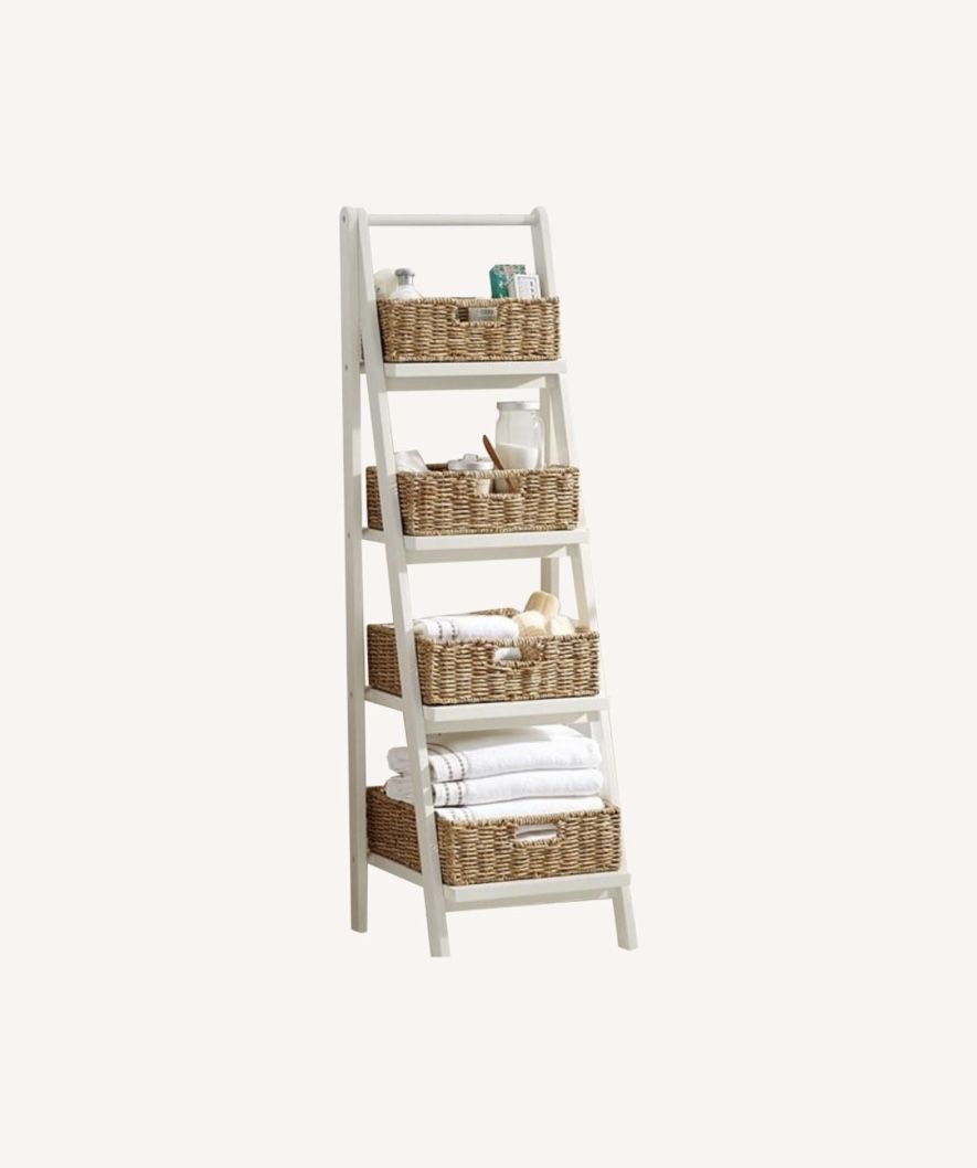 Pottery Barn White Ladder Shelf w/ Baskets