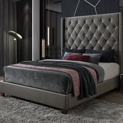 🌸🤍 Brand New Grey Tufted Tall Headboard King & Queen Size Bed W/ Opt Mattress + Box Spring | Pay After Delivery 🚚 