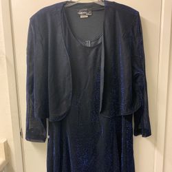 Vintage set Shar Ade Nites: dress and jacket size 22W, black/blue shine  
