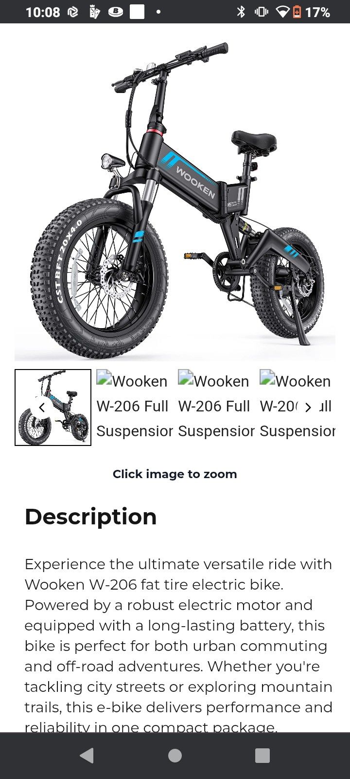  E BikeWooken W-206 Full Suspension Folding Fat Tire Electric Bike
 
, Blue Black 