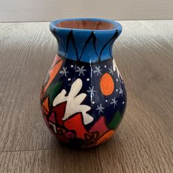 Vase Hand Painted Mexican Clay Folk Art Small Bright Colors