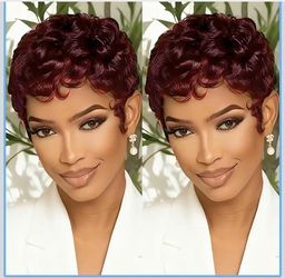 Short Pixie Cut 100% Real Human Hair Lightweight Dark Red Wig *BRAND NEW*