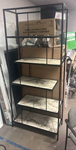 New Modern 5 Shelf Bookcase Display Shelf White Marble & Black Metal Preinstalled