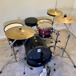 Compact drum set 18” bass 13” snare snare 10”PDP FS birch tom DDRUM Diablo 15” floor DW6000 low profile hihat PDP throne bass pedal Zildjian cymbals &