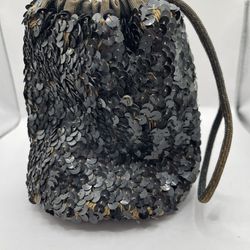 Vintage 1950s Small Black Sequined Drawstring Purse