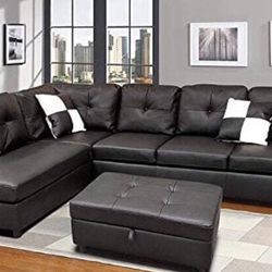 Modern Black Sectional Sofa With Storage Ottoman 