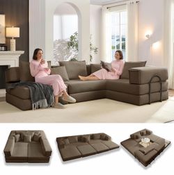 118.2in Oversized Corduroy L Shaped Sectional Couch, Folding Sleeper Sofa Bed, Convertible Comfy Cloud Floor Sofa Couch Set, Modern Modular Sofas Matt