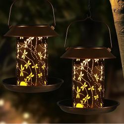 New 2-Pack Solar Dragonfly Bird Feeder Lanterns; Waterproof Garden Decor; Metal Solar LED Lanterns for Yard, Patio, Lawn, Pathway