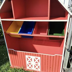 Kids Large Wood Red Barn Toy Box Organizer 4 Colorful Removable Tubs Heavy 34" x 44" 15.5" Kids will love this.. normal wear.  Bristol Boro Pa. 19007 