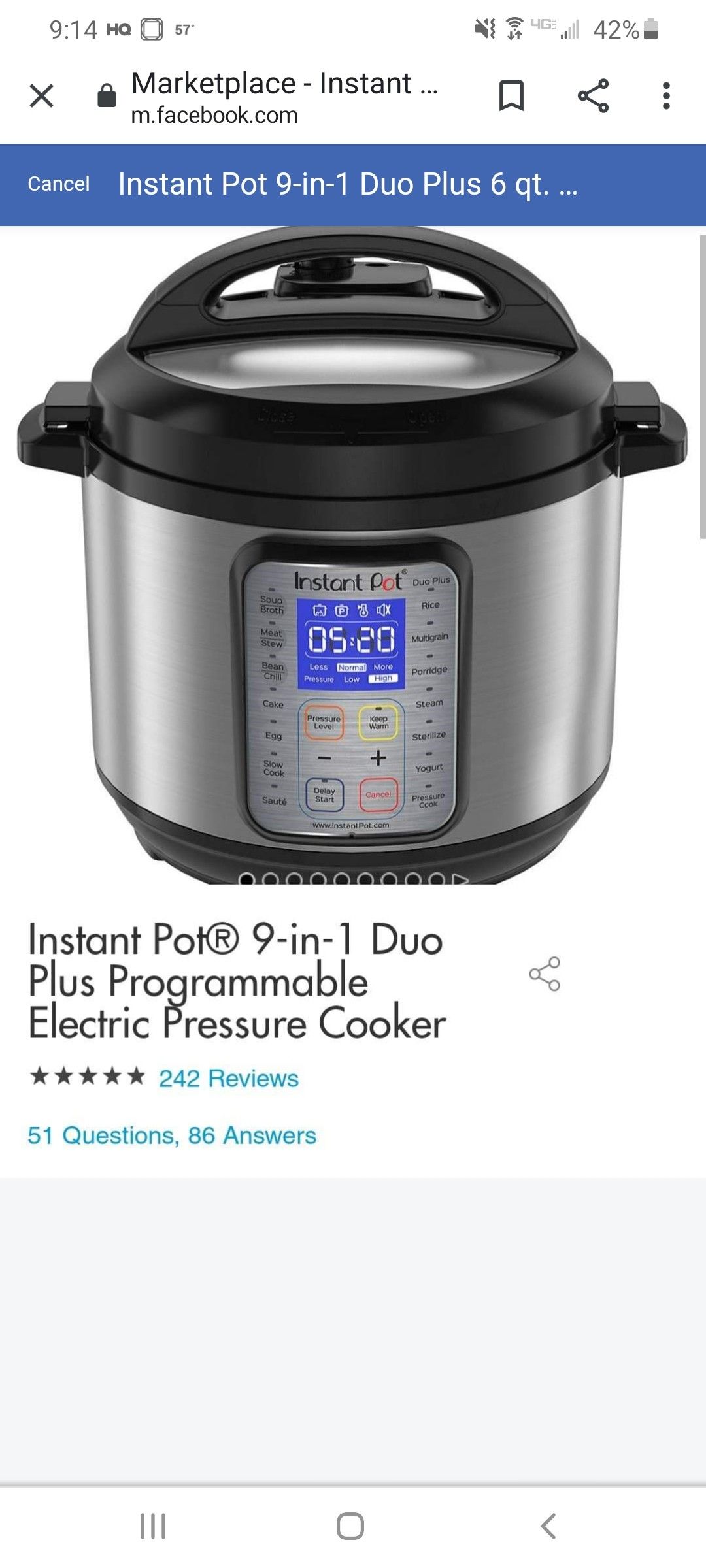 Instant Pot 9-in-1 Duo Plus 6 qt. Programmable Electric Pressure Cooker1