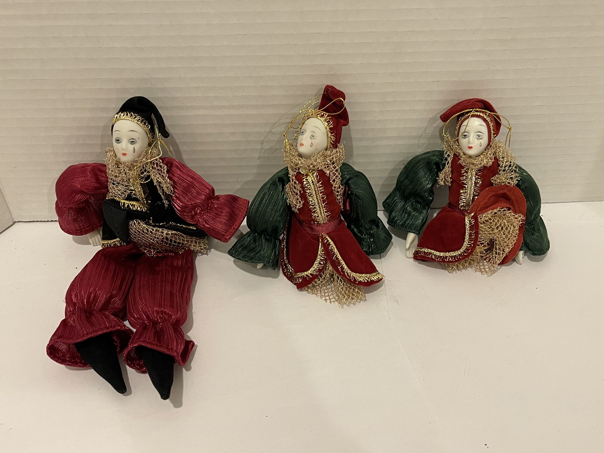 Holiday harlequin porcelain doll ornaments. Set of 3.  