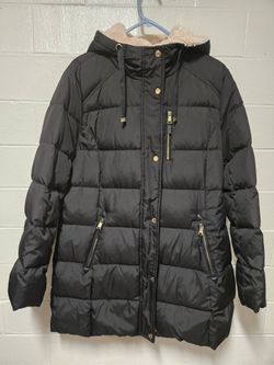 Ralph Lauren Down Puffer / Black Winter Coat / Fleece Hood / L