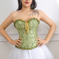 4X Green Floral Women's Lace Up Boned Overbust Corset Bustier Lingerie Bodyshaper Top