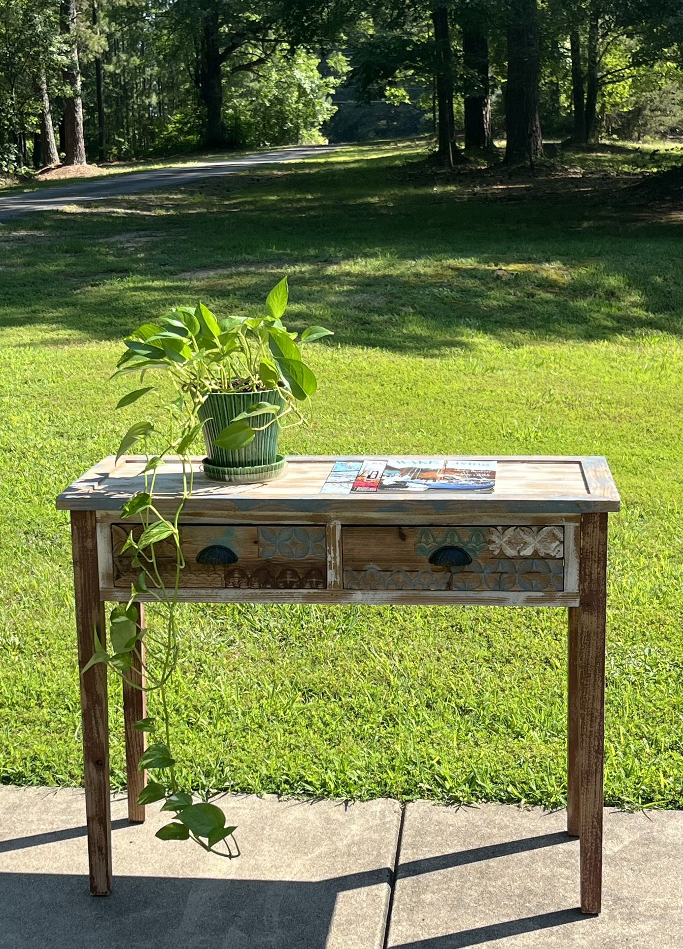 Charming Rustic Distressed Accent/ Console Table with 2 Wood Carved Drawers