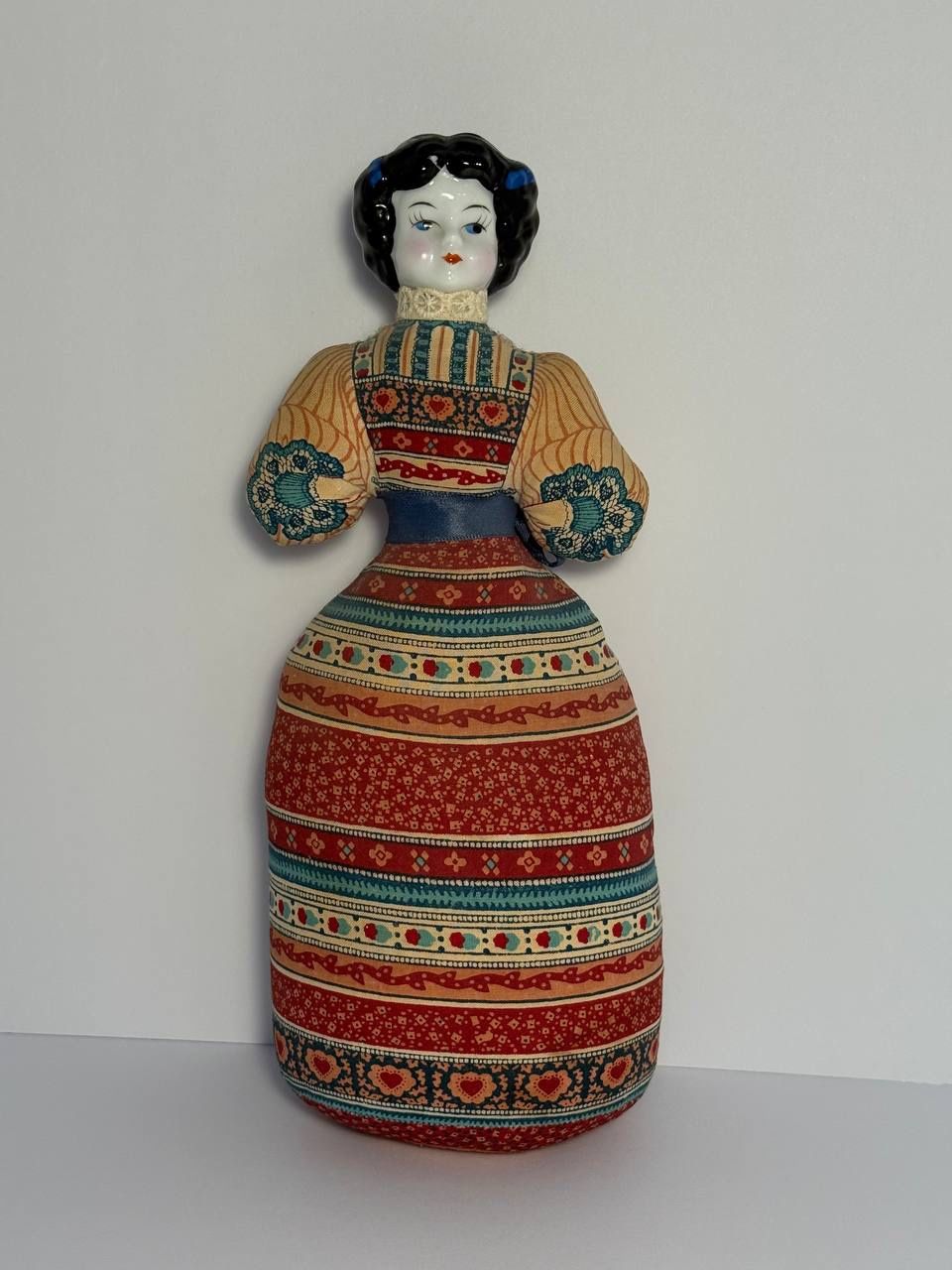 Vintage American Heirloom Porcelain Head Cloth Doll – Folk Dress – 14”