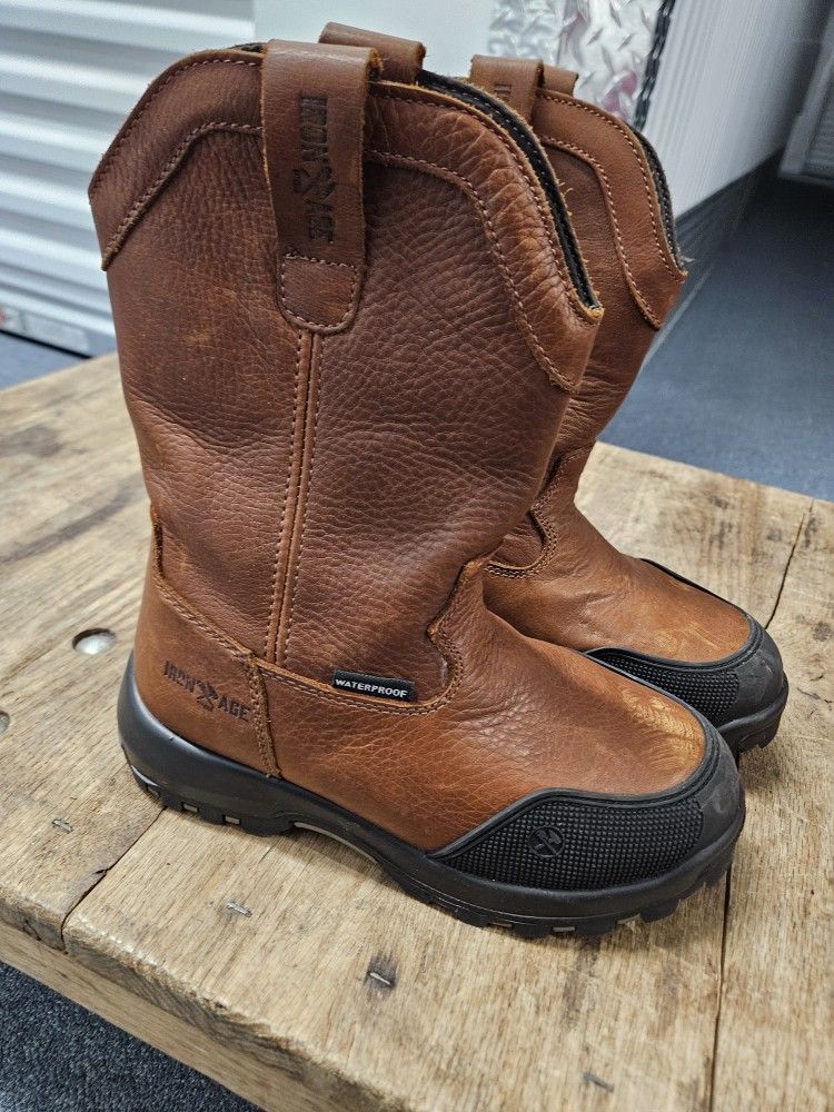 Men's Iron Age Brown Leather Safety Toe Waterproof Work Boots Size 6