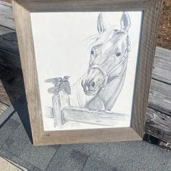 25x20” Vintage “Bill Wesling ‘71” *Horse and Bird On Fence Post*; Hand Signed; Barn Board Framed - Compare @ $300+