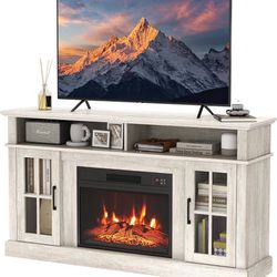Electric Fireplace TV Stand, 58 Inch Modern Console for TVs up to 65 in + 23'' Fireplace Heater, 3 Brightness, 6H Timer & Remote Control, Entertainmen