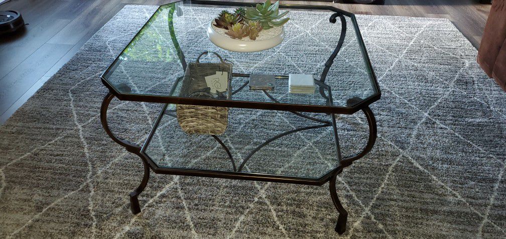 2 Tier Glass Coffee Table with Bronze Metal Frame