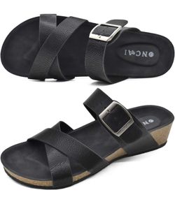 ONCAI Women's Black Platform Sandals,Fashion Criss Cross Open Toe Beach Cork Wedge Sandals-Summer Slip-on Leather Flatform Slides with Rubber Soles Si