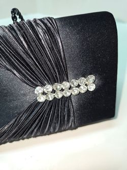 Black Satin Evening Clutch with Rhinestone Detail & Shoulder Strap