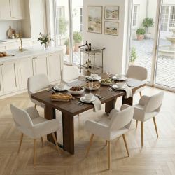 Homy Casa SORIAN 7PC Industrial Dining Set 63” Vintage Brown Table with 6PC Mayfair Beige Dining Arm Chairs