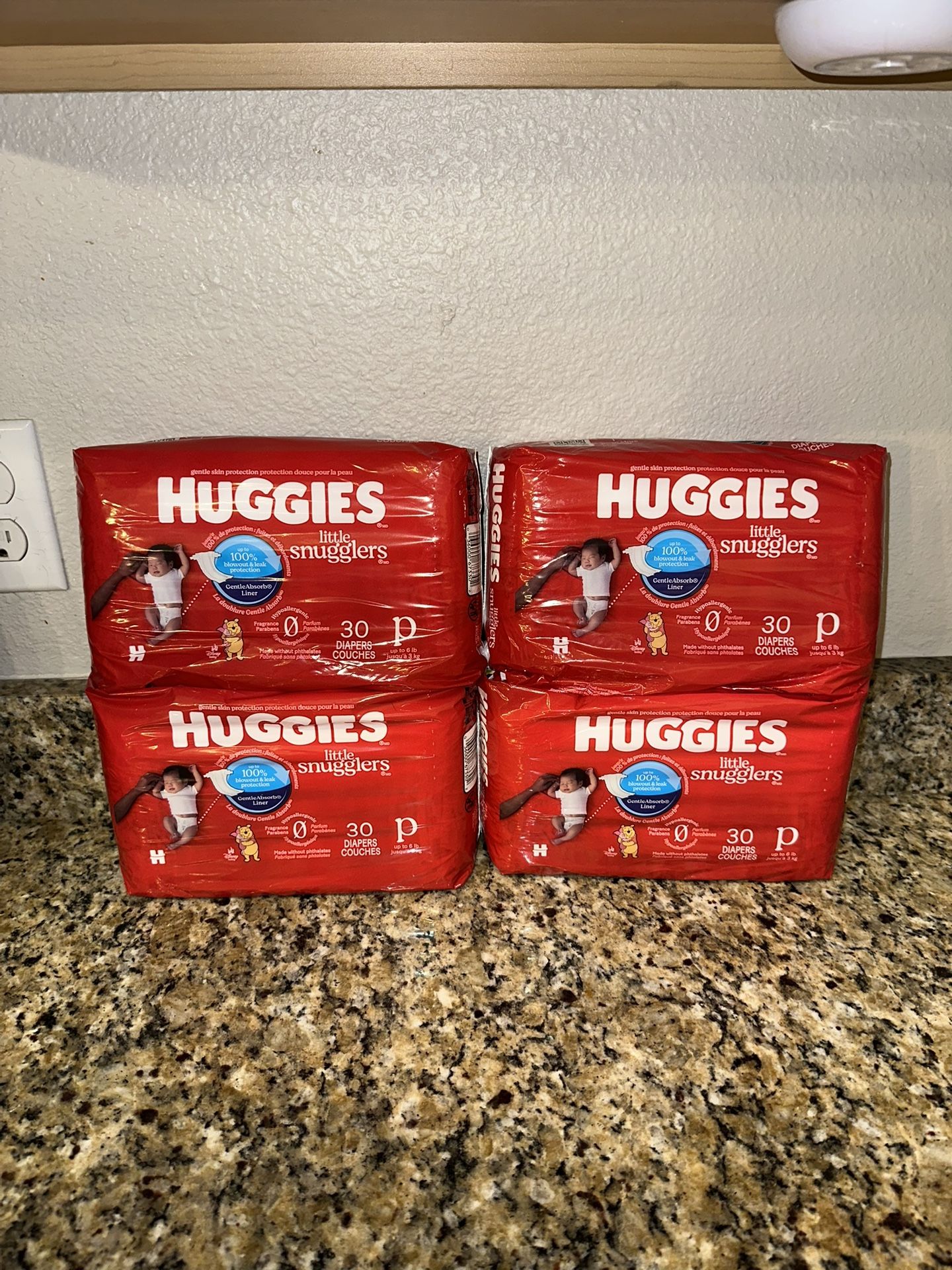 4 Pack Huggies Little Snugglers Baby Diaper Preemie 30 Ct Each (Up to 6lbs) (120 Total)