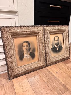Antique Victorian Charcoal Portrait Pair – Ornate Gesso Frames – Late 1800s/Early 1900s