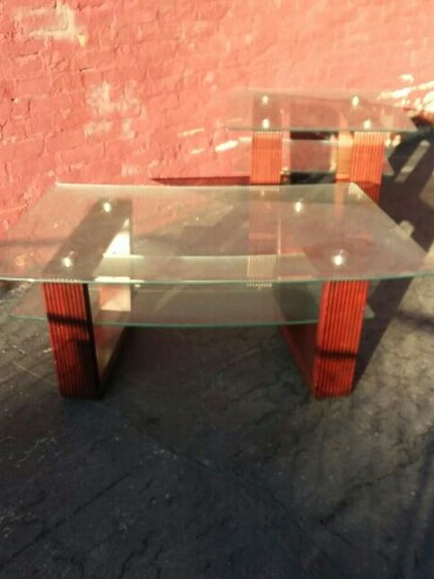 Glass and Wood Coffee and End Table Set